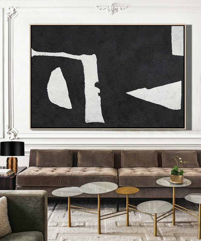 Large Wall Canvas,Hand Painted Oversized Horizontal Minimal Art On Canvas, Black And White Minimalist Painting - Modern Canvas Art